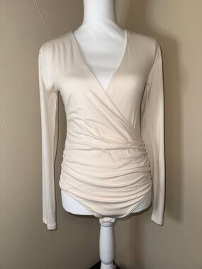 LOFT Cream Wrap-Front Long Sleeve Bodysuit